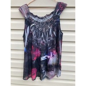 CJ Banks Women's Plus )X TOP Sleeveless Black Pink Purple Watercolor Floral